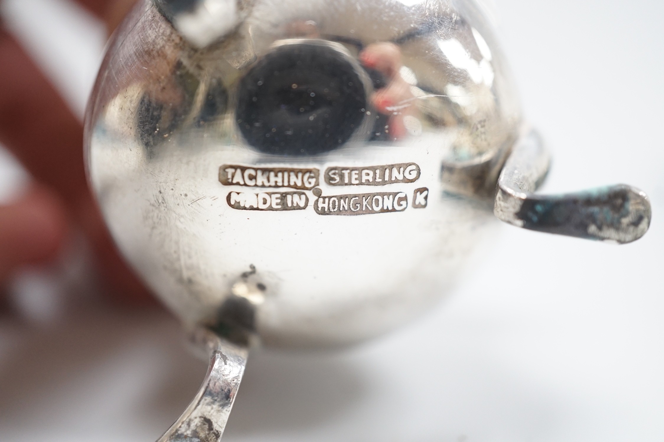 A late 19th/early 20th century Chinese Export sterling condiment by Tack Hing, Hong Kong and two sets of six Chinese white metal and jade? set coffee spoons, by Wai Kee, 83mm